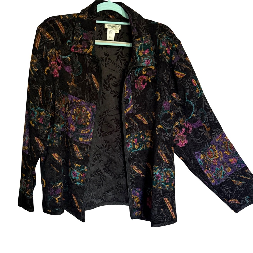 Coldwater Creek Tapestry Jacket Women XL Vtg Black Purple Floral Art to Wear